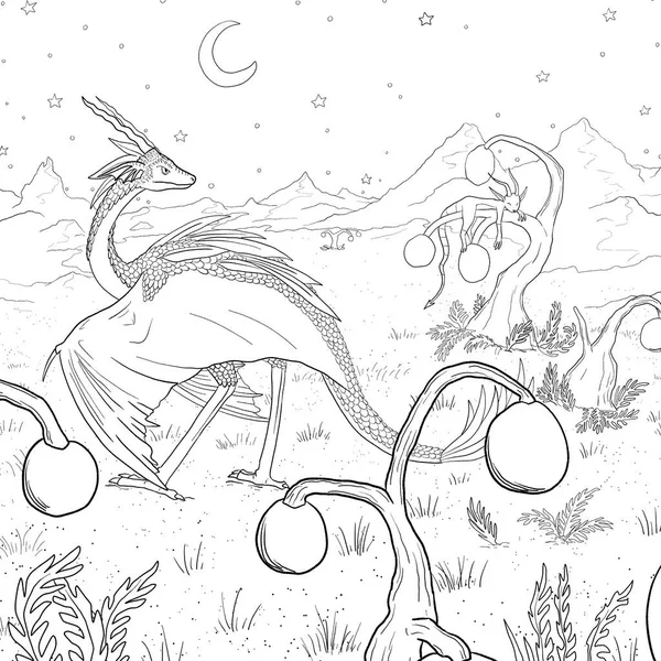 Bir ejderhanın siyah-beyaz renkli mürekkep çizimi.