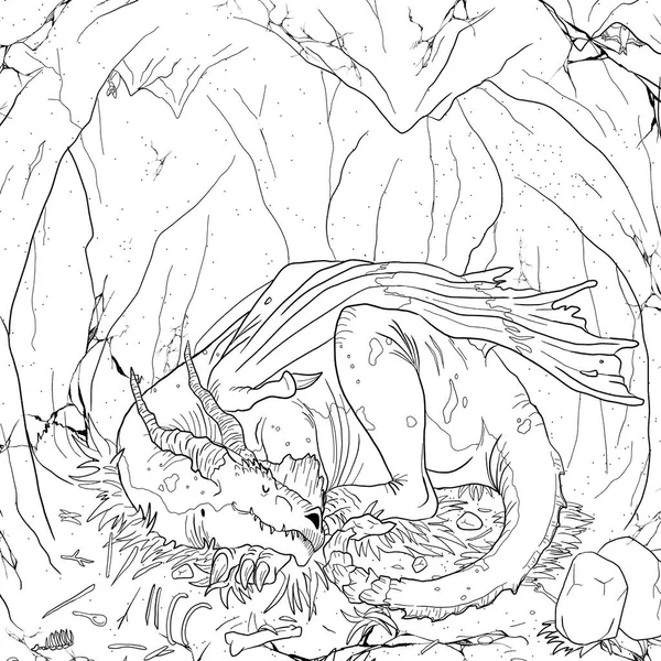 Bir ejderhanın siyah-beyaz renkli mürekkep çizimi.