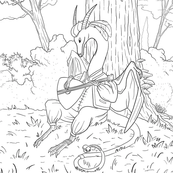 Bir ejderhanın siyah-beyaz renkli mürekkep çizimi.