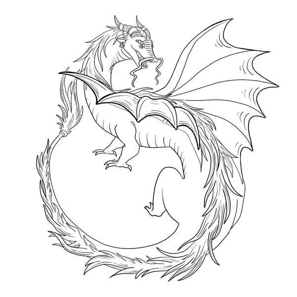 Black White Coloring Page Ink Illustration Dragon — Stock Photo, Image