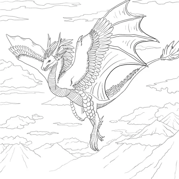 Bir ejderhanın siyah-beyaz renkli mürekkep çizimi.