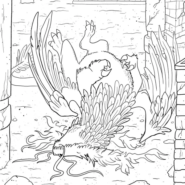 Bir ejderhanın siyah-beyaz renkli mürekkep çizimi.