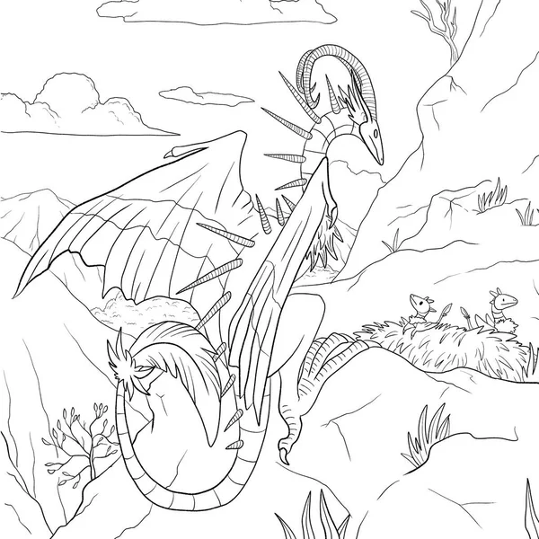 Bir ejderhanın siyah-beyaz renkli mürekkep çizimi.