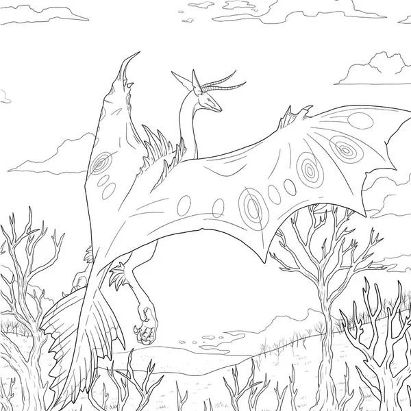 Bir ejderhanın siyah-beyaz renkli mürekkep çizimi.