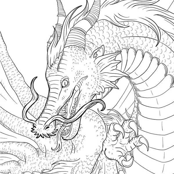 Bir ejderhanın siyah-beyaz renkli mürekkep çizimi.