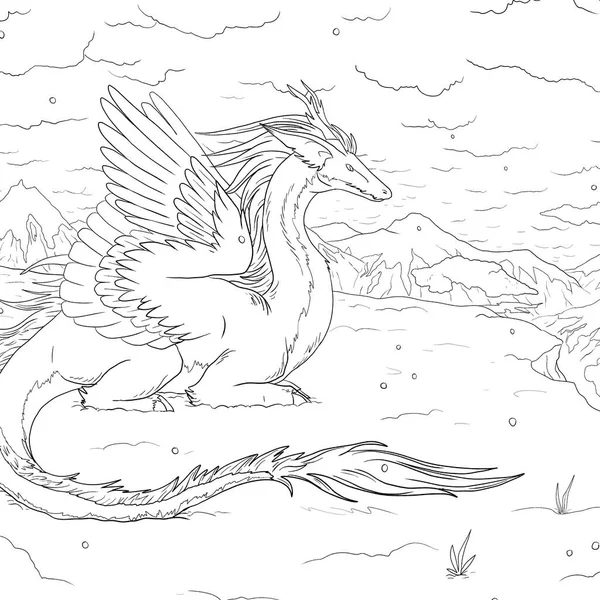 Bir ejderhanın siyah-beyaz renkli mürekkep çizimi.