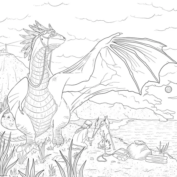 Bir ejderhanın siyah-beyaz renkli mürekkep çizimi.