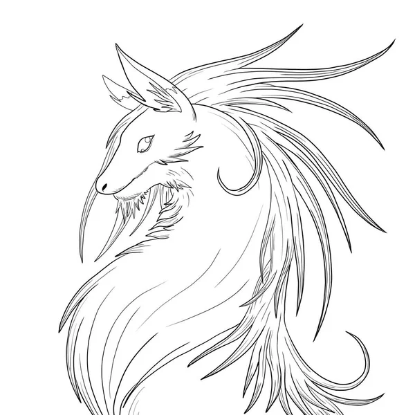 Bir ejderhanın siyah-beyaz renkli mürekkep çizimi.