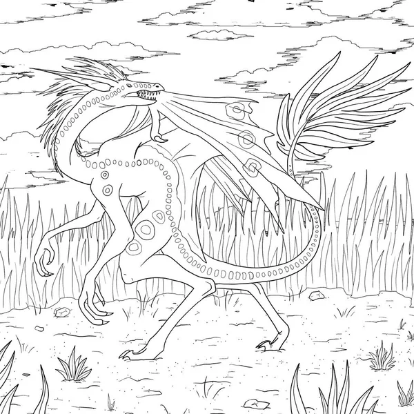 Bir ejderhanın siyah-beyaz renkli mürekkep çizimi.
