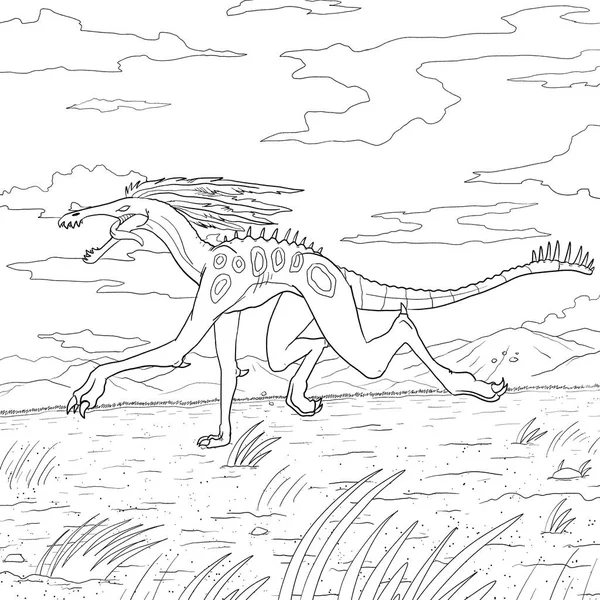 Bir ejderhanın siyah-beyaz renkli mürekkep çizimi.