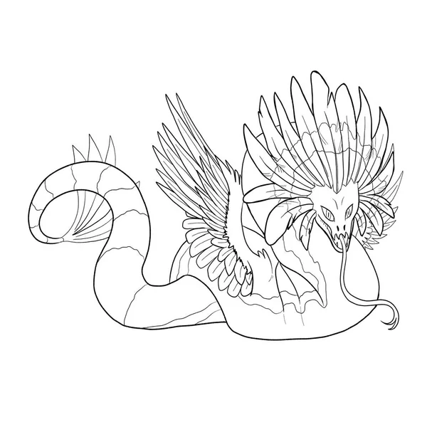 Bir ejderhanın siyah-beyaz renkli mürekkep çizimi.