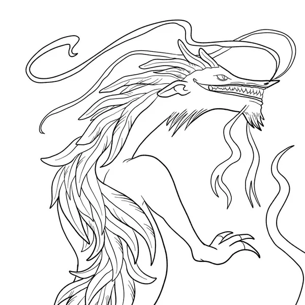 Bir ejderhanın siyah-beyaz renkli mürekkep çizimi.