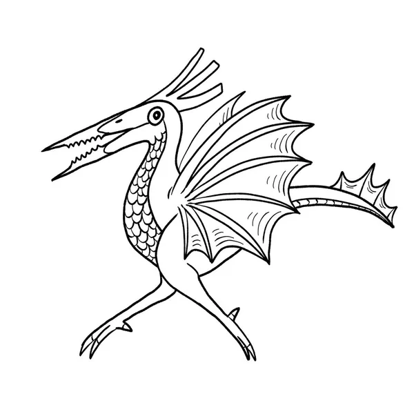 Bir ejderhanın siyah-beyaz renkli mürekkep çizimi.