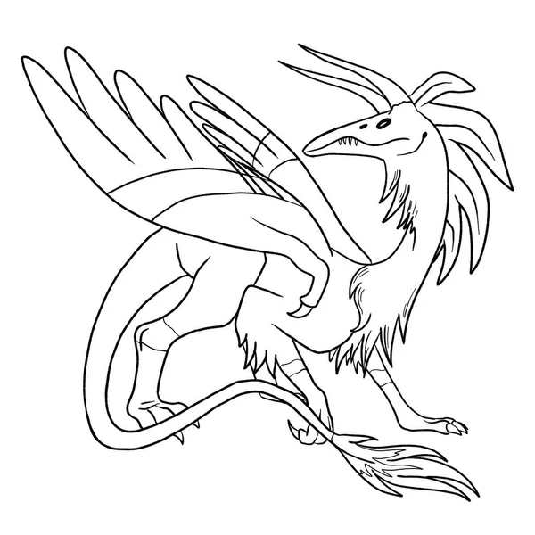 Bir ejderhanın siyah-beyaz renkli mürekkep çizimi.