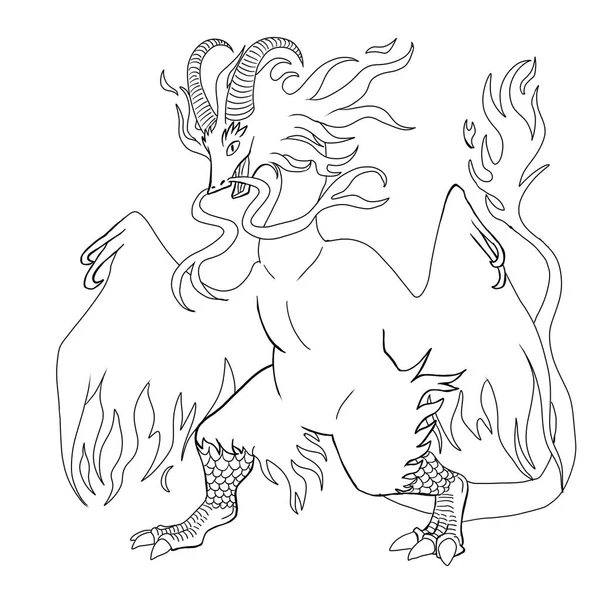 Bir ejderhanın siyah-beyaz renkli mürekkep çizimi.