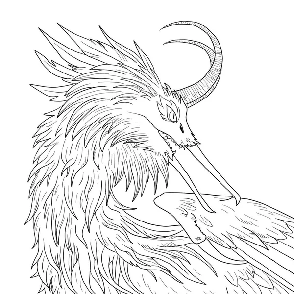 Bir ejderhanın siyah-beyaz renkli mürekkep çizimi.