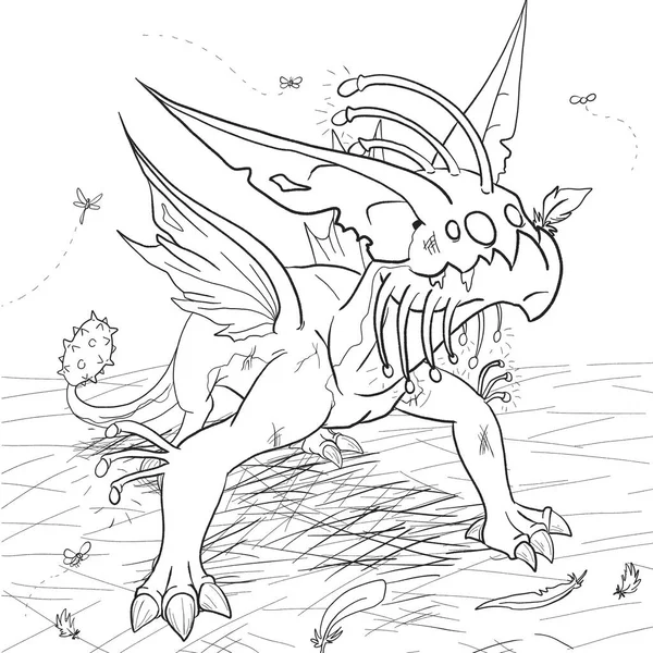 Bir ejderhanın siyah-beyaz renkli mürekkep çizimi.