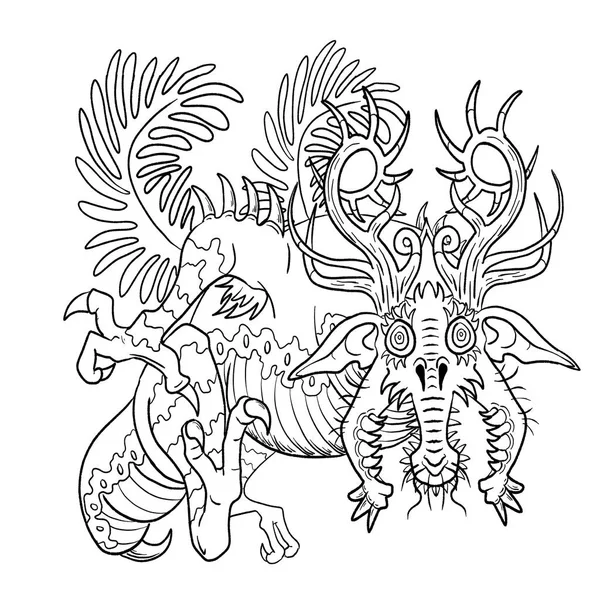 Bir ejderhanın siyah-beyaz renkli mürekkep çizimi.