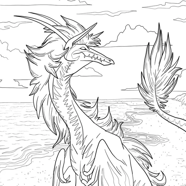 Bir ejderhanın siyah-beyaz renkli mürekkep çizimi.