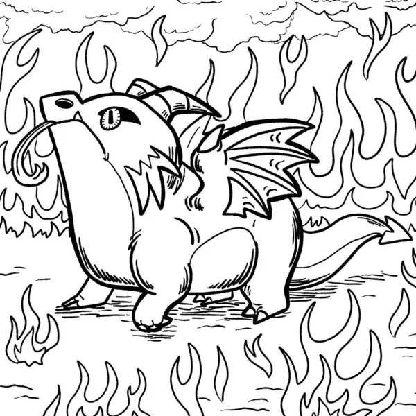 Bir ejderhanın siyah-beyaz renkli mürekkep çizimi.