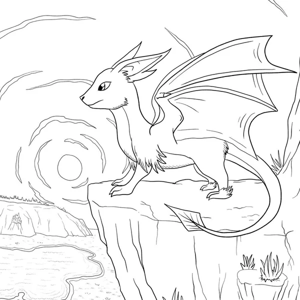 Bir ejderhanın siyah-beyaz renkli mürekkep çizimi.