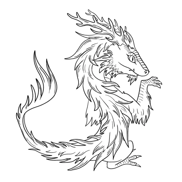 Bir ejderhanın siyah-beyaz renkli mürekkep çizimi.