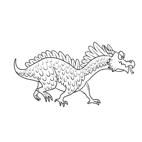 Bir ejderhanın siyah-beyaz renkli mürekkep çizimi.