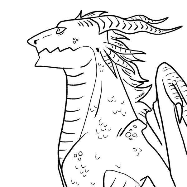 Bir ejderhanın siyah-beyaz renkli mürekkep çizimi.