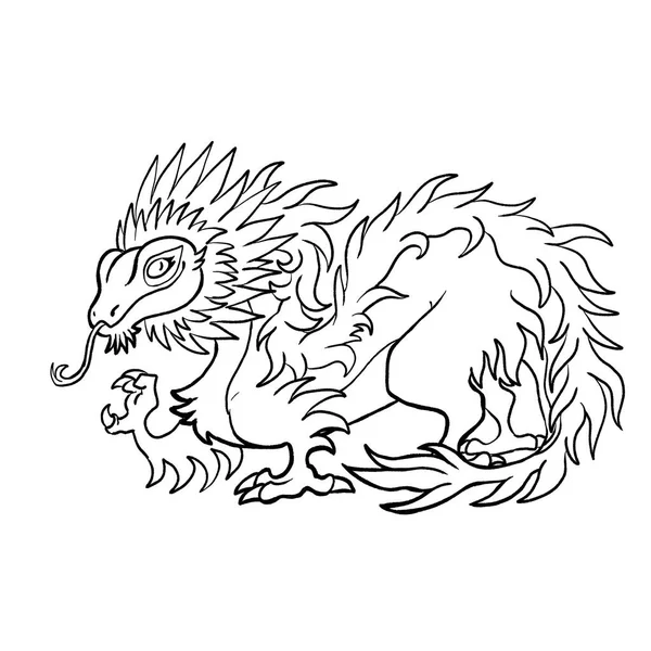 Bir ejderhanın siyah-beyaz renkli mürekkep çizimi.