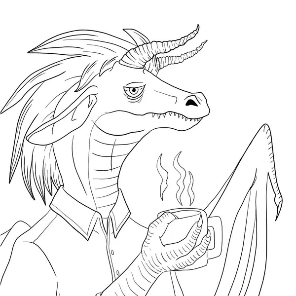 Bir ejderhanın siyah-beyaz renkli mürekkep çizimi.