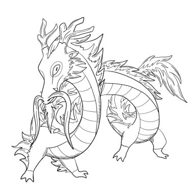 Bir ejderhanın siyah-beyaz renkli mürekkep çizimi.