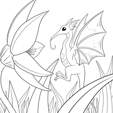 Bir ejderhanın siyah-beyaz renkli mürekkep çizimi.