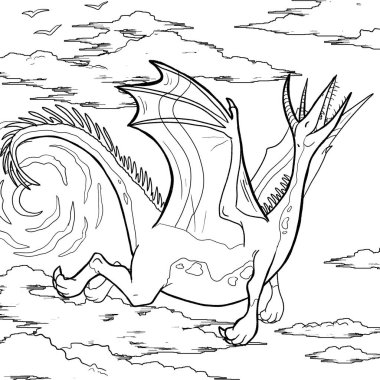 Bir ejderhanın siyah-beyaz renkli mürekkep çizimi.