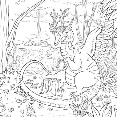 Bir ejderhanın siyah-beyaz renkli mürekkep çizimi.