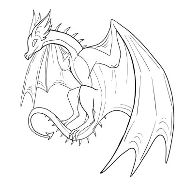 Bir ejderhanın siyah-beyaz renkli mürekkep çizimi.