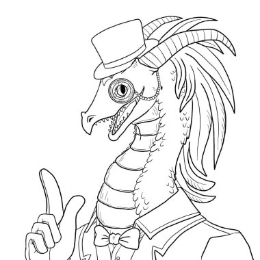 Bir ejderhanın siyah-beyaz renkli mürekkep çizimi.