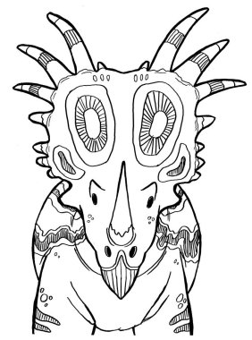 Bir dinozorun siyah-beyaz renkli sayfa mürekkep çizimi.