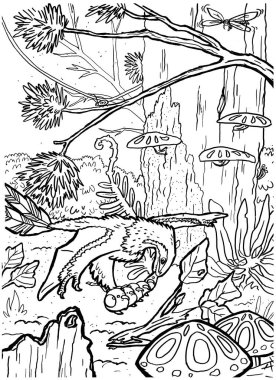 Bir dinozorun siyah-beyaz renkli sayfa mürekkep çizimi.