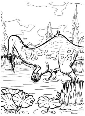 Bir dinozorun siyah-beyaz renkli sayfa mürekkep çizimi.