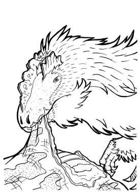 Bir dinozorun siyah-beyaz renkli sayfa mürekkep çizimi.