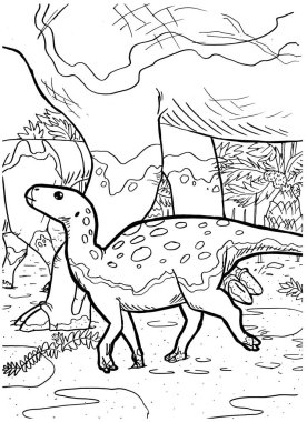 Bir dinozorun siyah-beyaz renkli sayfa mürekkep çizimi.