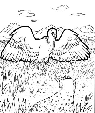 Bir kuşun siyah beyaz renkli sayfa mürekkebi çizimi.