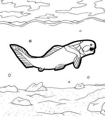 Tarih öncesi bir yaratığın siyah beyaz renkli sayfası.