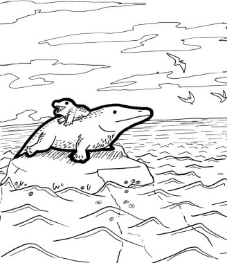 Tarih öncesi bir yaratığın siyah beyaz renkli sayfası.