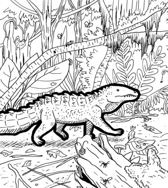 Tarih öncesi bir yaratığın siyah beyaz renkli sayfası.