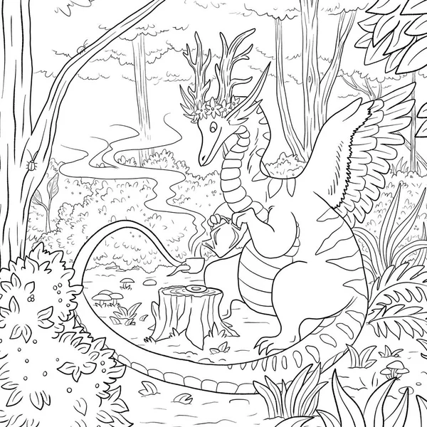 Bir ejderhanın siyah-beyaz renkli mürekkep çizimi.