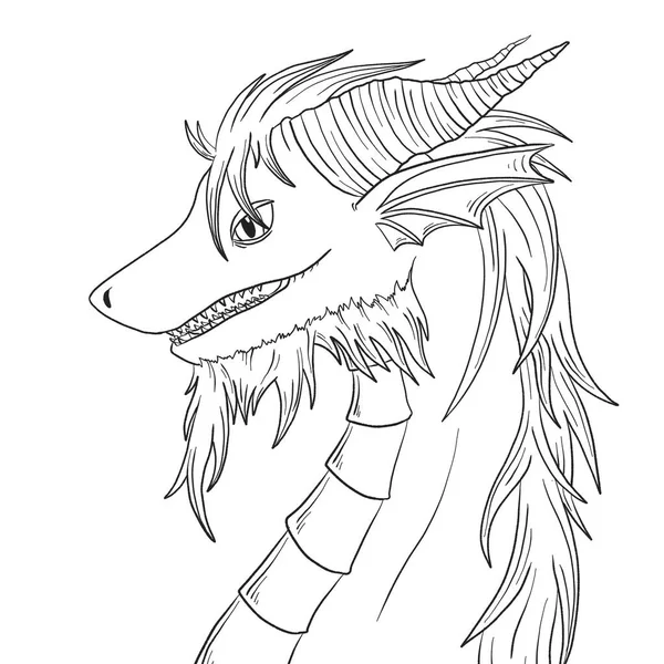 Bir ejderhanın siyah-beyaz renkli mürekkep çizimi.