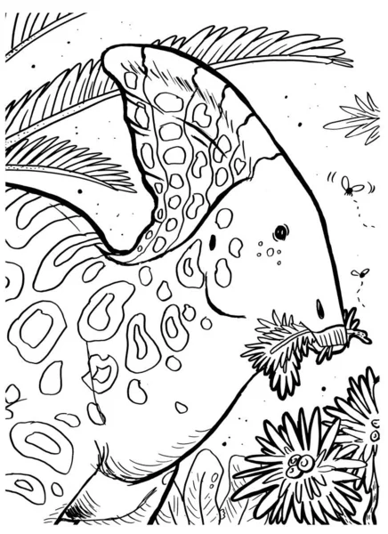 Bir dinozorun siyah-beyaz renkli sayfa mürekkep çizimi.