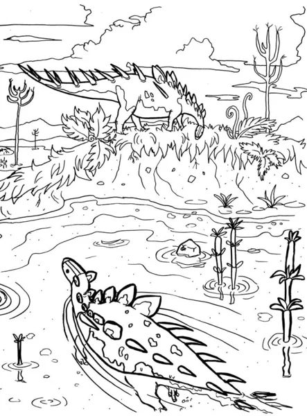 Bir dinozorun siyah-beyaz renkli sayfa mürekkep çizimi.