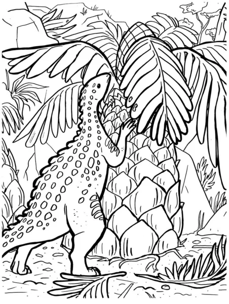Bir dinozorun siyah-beyaz renkli sayfa mürekkep çizimi.